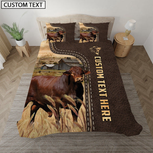 Beefmaster Custom Text Leather Pattern Bedding Set, Farm Bedding Set, Farmhouse Bedding Set