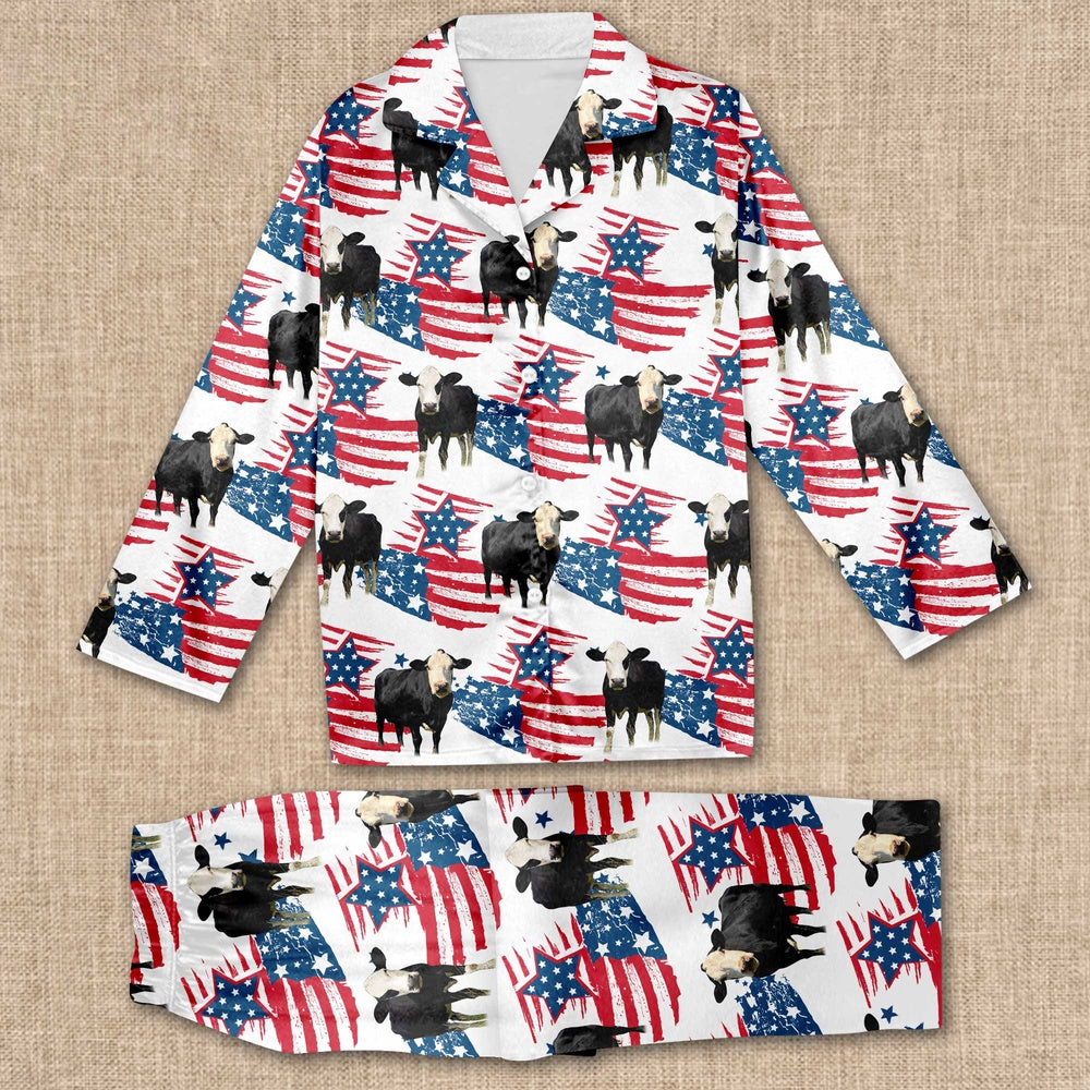 Beefmaster Happy US Flag Pattern All Over Print Pajamas Sets, Farm Pajamas, Farm Animal Pajamas, Christmas Farm Pajamas