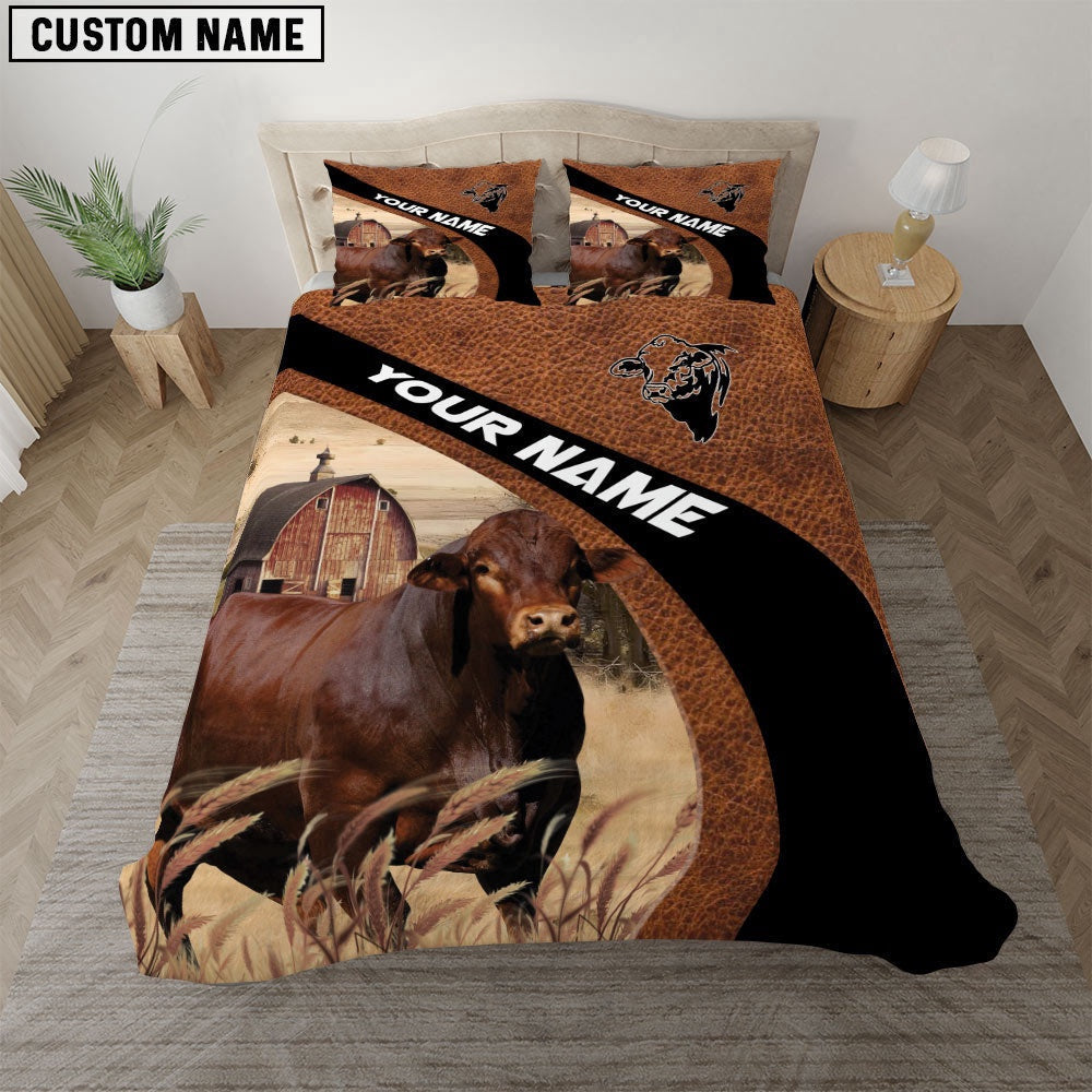 Beefmaster On The Farm Customized Name Red Barn Bedding Set, Farm Bedding Set, Farmhouse Bedding Set