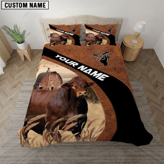 Beefmaster On The Farm Customized Name Red Barn Bedding Set, Farm Bedding Set, Farmhouse Bedding Set
