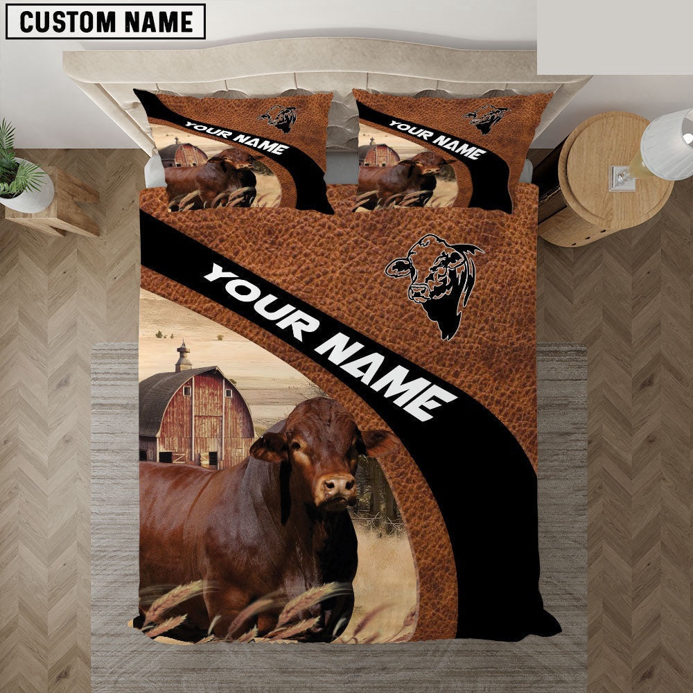Beefmaster On The Farm Customized Name Red Barn Bedding Set, Farm Bedding Set, Farmhouse Bedding Set