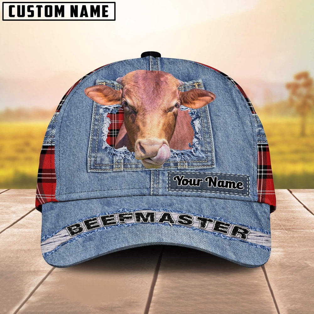 Beefmaster Overall Jeans Pattern And Red Caro Pattern Customized Name Cap, Farmer Cap, Vintage Farmer Hat, Mens Farmer Hats, Cap For Farmers