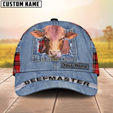 Beefmaster Overall Jeans Pattern And Red Caro Pattern Customized Name Cap, Farmer Cap, Vintage Farmer Hat, Mens Farmer Hats, Cap For Farmers