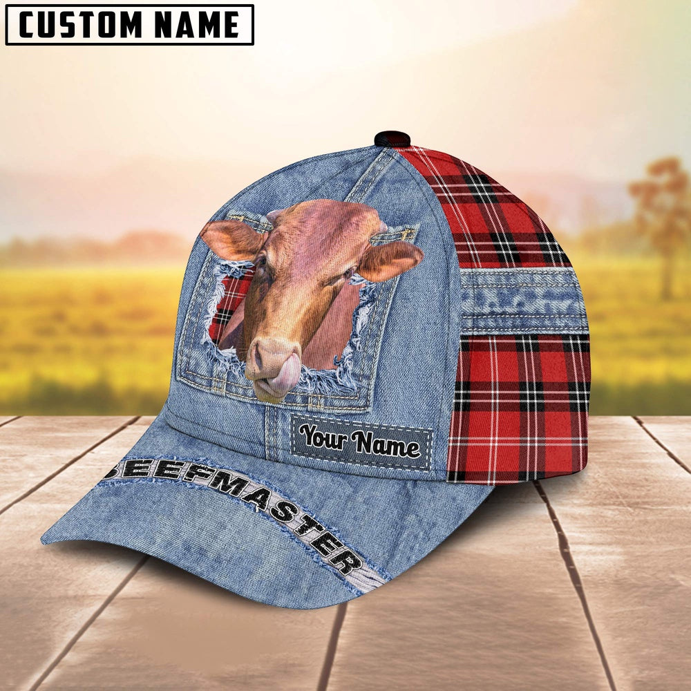 Beefmaster Overall Jeans Pattern And Red Caro Pattern Customized Name Cap, Farmer Cap, Vintage Farmer Hat, Mens Farmer Hats, Cap For Farmers