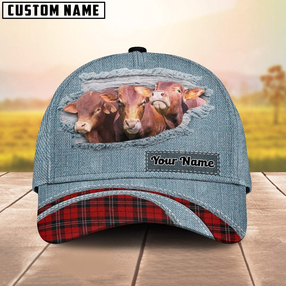 Beefmaster Red Caro And Jeans Pattern Customized Name Cap, Farmer Cap, Vintage Farmer Hat, Mens Farmer Hats, Cap For Farmers