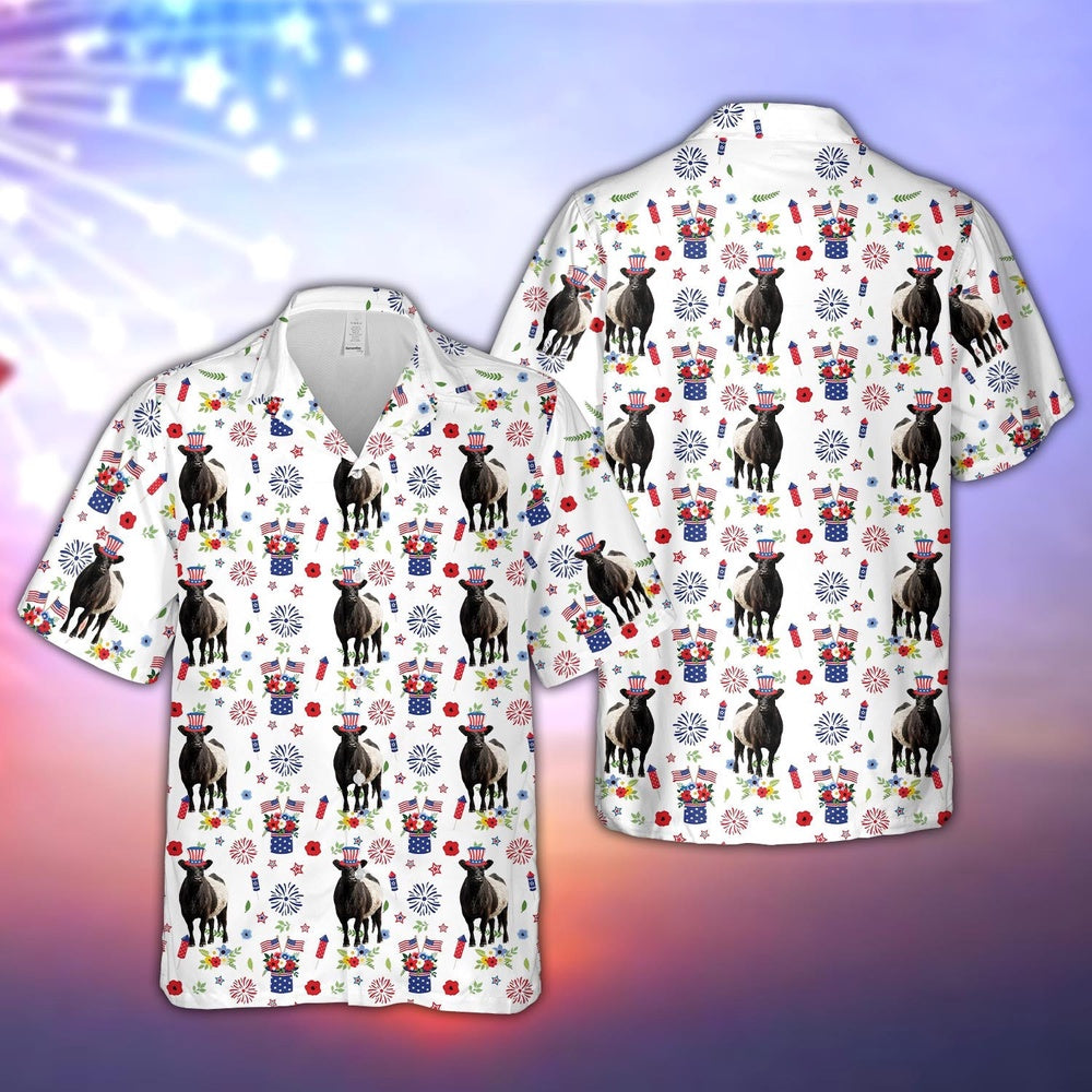 Belted Galloway American Flag And Firework Pattern Hawaiian Shirt, Farm Hawaiian Shirt, Farmer Hawaii