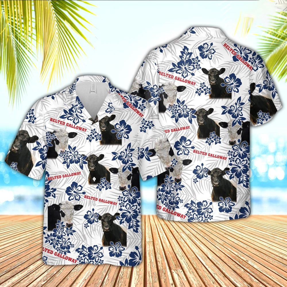 Belted Galloway American White Flowers Pattern Hawaiian Shirt, Farm Hawaiian Shirt, Farmer Hawaii
