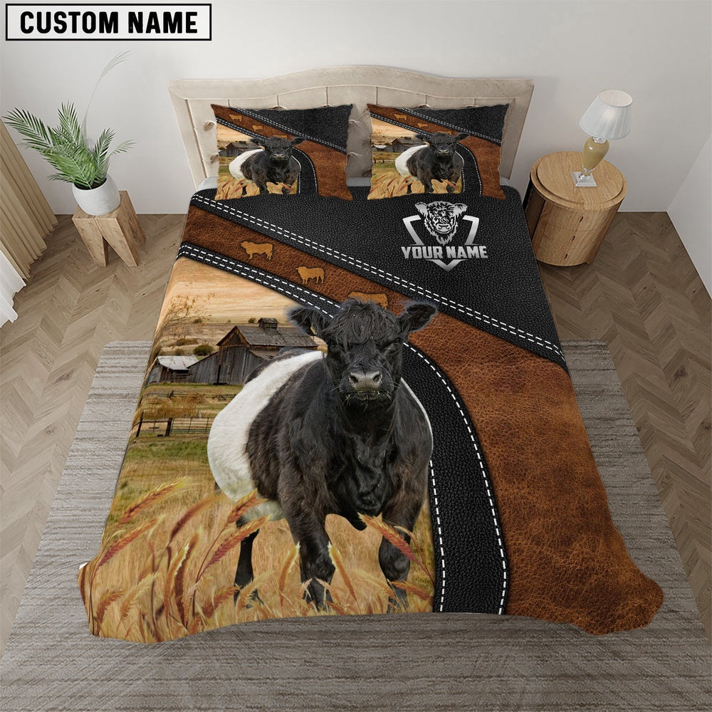 Belted Galloway Black Leather Premium Pattern Customized Name Bedding Set, Farm Bedding Set, Farmhouse Bedding Set
