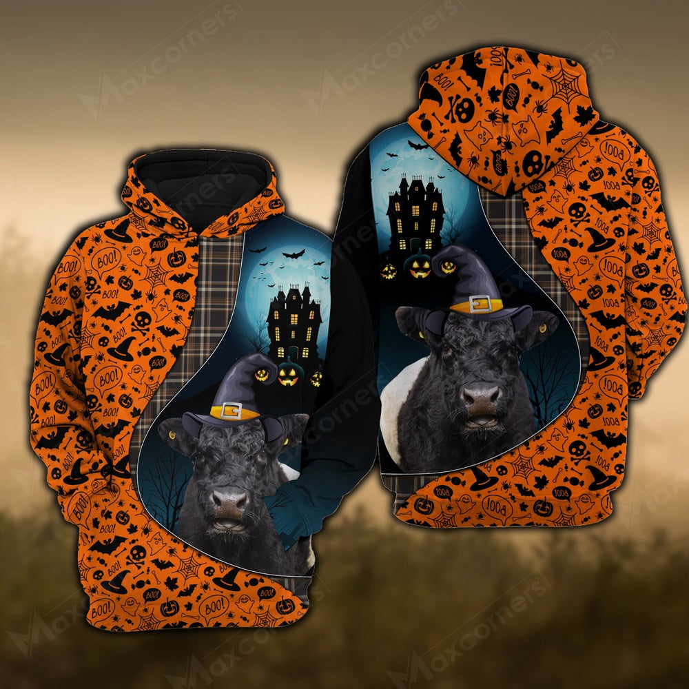 Belted Galloway Castle Halloween Pattern 3D Hoodie, Farmer Hoodie, Farm Themed Shirts, Farm Tee Shirts