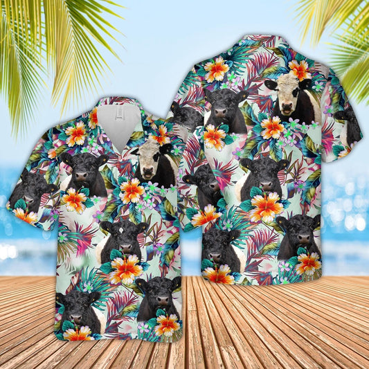 Belted Galloway Cows with Flowers Hawaiian Shirt, Farm Hawaiian Shirt, Farmer Hawaii