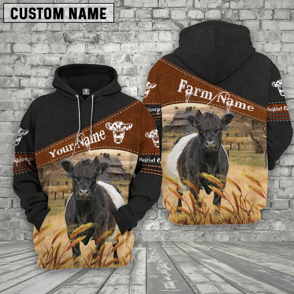 Belted Galloway On Farms Custom Name Printed 3D Black Hoodie, Farmer Hoodie, Custom Farm Shirts, Farmer T Shirt