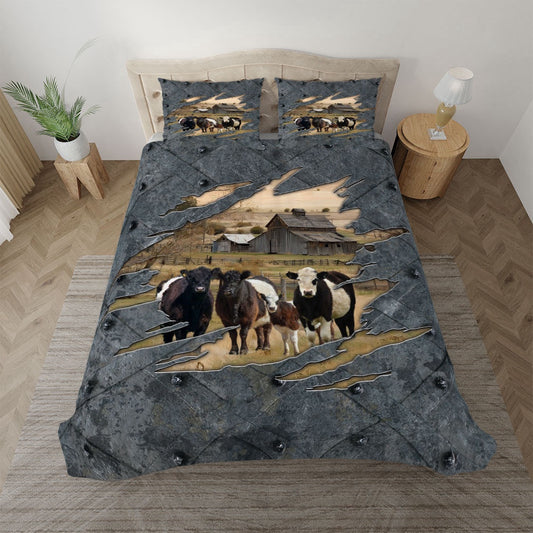Belted Galloway On The Farm Customized Name Bedding Set, Farm Bedding Set, Farmhouse Bedding Set