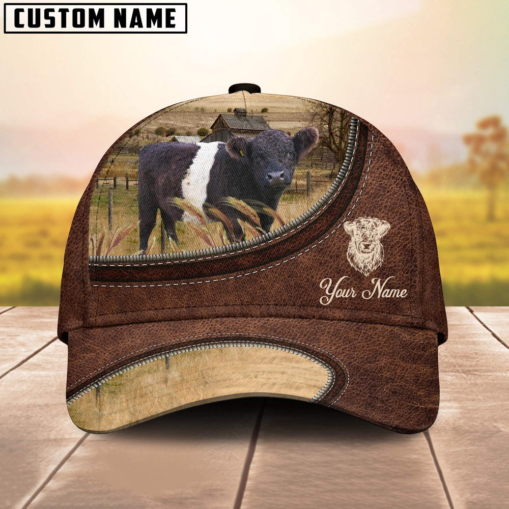 Belted Galloway On The Farm Customized Name Leather Pattern Cap, Farmer Cap, Vintage Farmer Hat, Mens Farmer Hats, Cap For Farmers