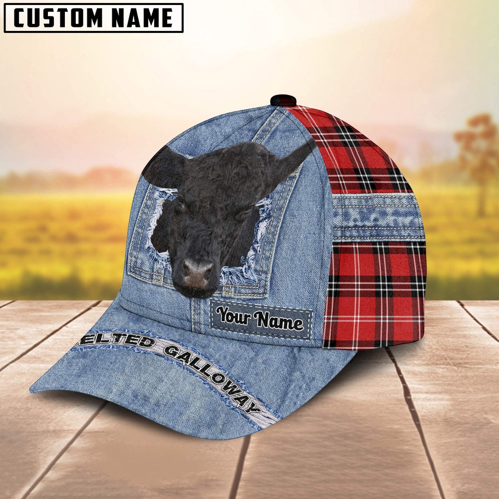 Belted Galloway Overall Jeans Pattern And Red Caro Pattern Customized Name Cap, Farmer Cap, Vintage Farmer Hat, Mens Farmer Hats, Cap For Farmers