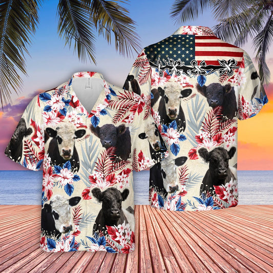 Belted Galloway Pattern US FLAG Hawaiian Shirt, Farm Hawaiian Shirt, Farmer Hawaii