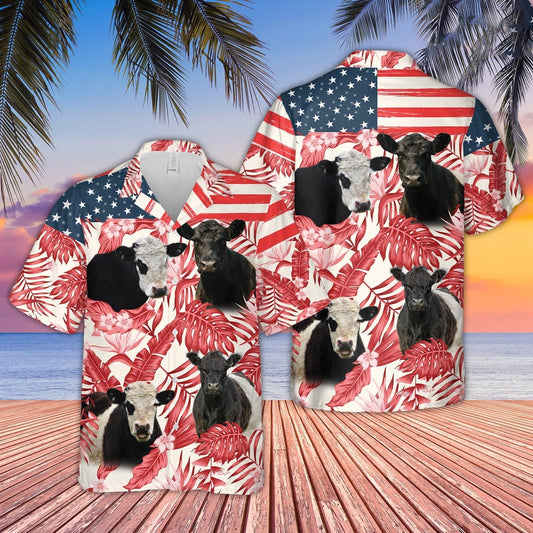 Belted Galloway Red Floral US Flag Hawaiian Shirt, Farm Hawaiian Shirt, Farmer Hawaii