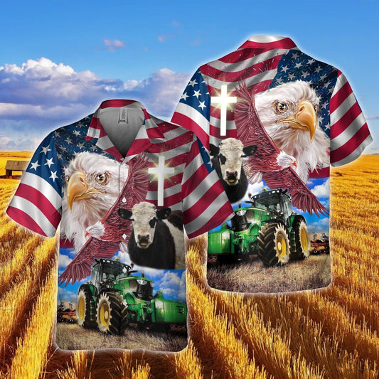 Belted Galloway With Eagles And Tractor Hawaiian Shirt, Farm Hawaiian Shirt, Farmer Hawaii