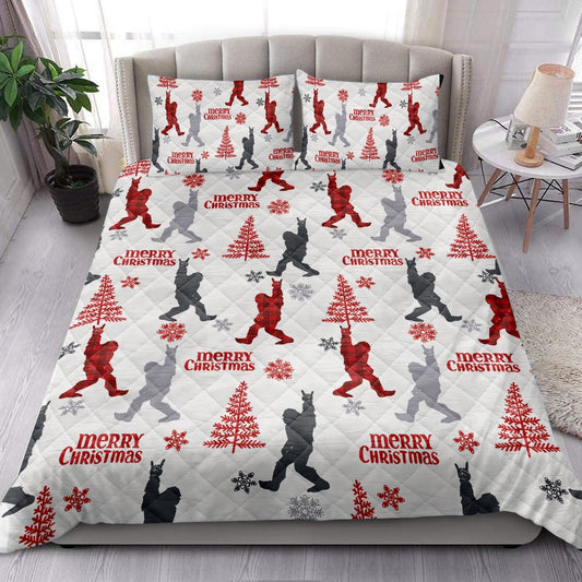 Bigfoot Camping Withmas Tree Snowflake Red Plaid Bedding Set, Christmas Beddings, Xmas Bedding Sets