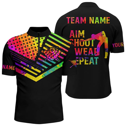 Billiard Aim Shoot Swear Repeat Custom 3D Black Multicolor Jerseys Shirts For Men, Billiard Team Jersey Shirt