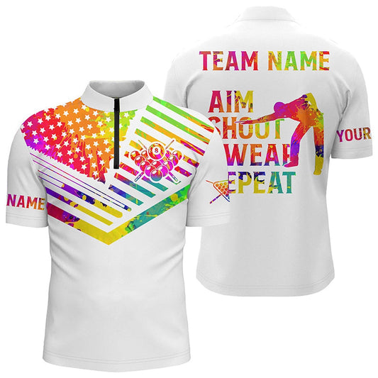 Billiard Aim Shoot Swear Repeat Custom 3D White Multicolor Jerseys Shirts For Men, Billiard Team Jersey Shirt