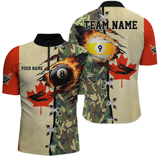 Billiard Ball 8 & Ball 9 Fire Canada Flag Custom Camo Jersey Shirt Billiard Attire, Billiard Team Jersey Shirt