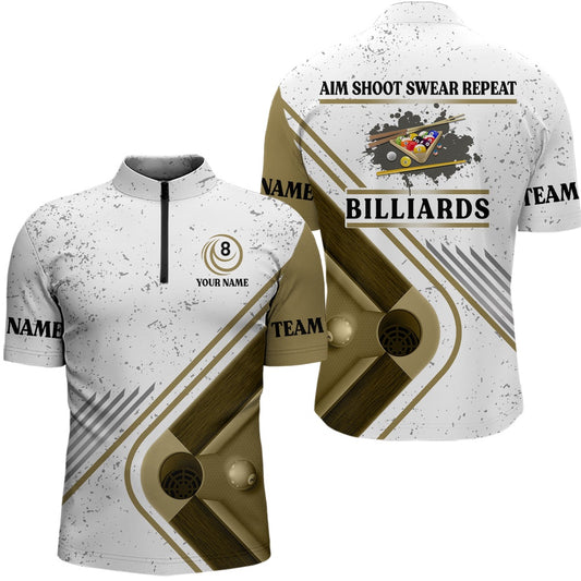 Billiards Aim Shoot Swear Repeat Custom Billiard White Grunge Jerseys Shirts For Men, Billiard Team Jersey Shirt