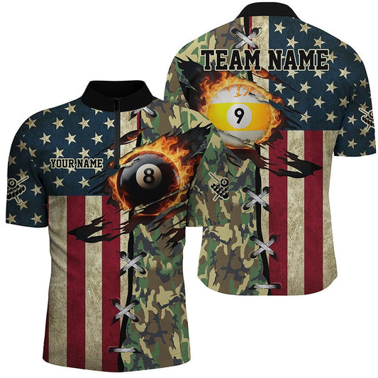 Billiards Ball 8 & Ball 9 Fire US Flag Custom Camo Jersey Shirts, Billiard Attire, Billiard Team Jersey Shirt