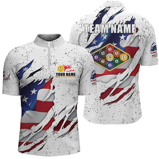 Billiards Balls US Flag White Grunge Custom Billiard Jerseys Shirts For Men, 9 Ball Pool Shirts, Billiard Team Jersey Shirt