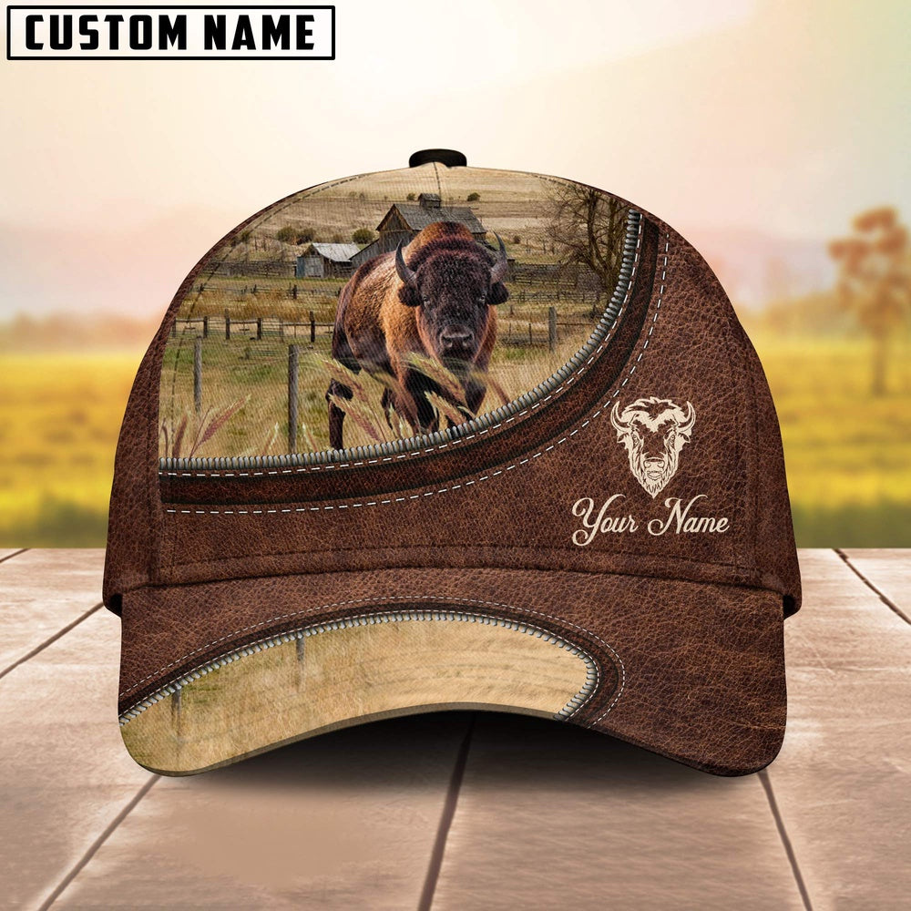 Bison Brown On The Farm Customized Name Leather Pattern Cap, Farmer Cap, Vintage Farmer Hat, Mens Farmer Hats, Cap For Farmers