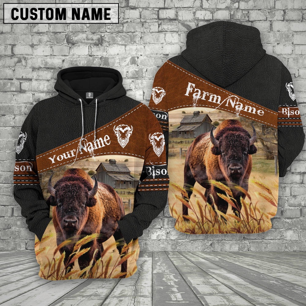 Bison On Farm Custom Name Printed 3D Black Hoodie, Farmer Hoodie, Custom Farm Shirts, Farmer T Shirt