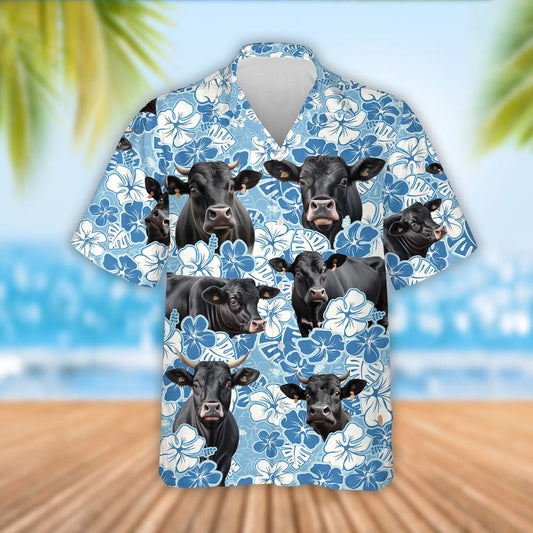 Black Angus Cattle Blue Flower Pattern Hawaiian Shirt, Farm Hawaiian Shirt, Farmer Hawaii