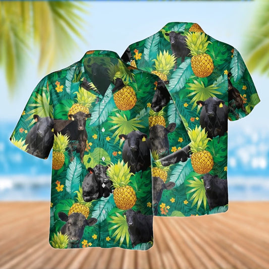 Black Angus Cattle Pineapple Tropical Pattern Hawaiian Shirt, Farm Hawaiian Shirt, Farmer Hawaii