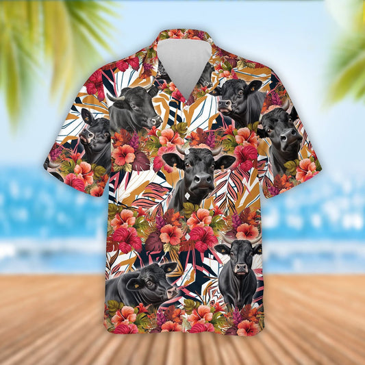 Black Angus Cattle Red Hibicus Flowers Hawaiian Shirt, Farm Hawaiian Shirt, Farmer Hawaii