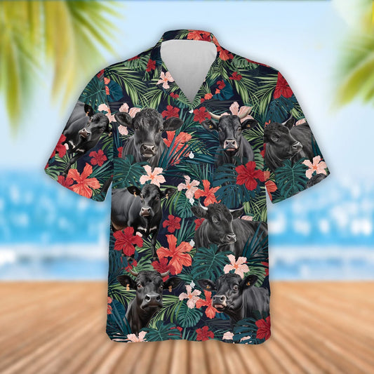 Black Angus Cattle Red Tropical Flowers Hawaiian Shirt, Farm Hawaiian Shirt, Farmer Hawaii