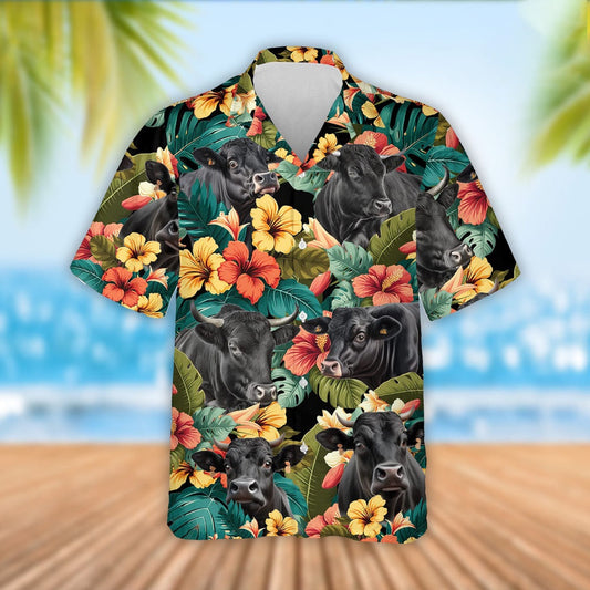Black Angus Cattle Tropical Flowers Hawaiian Shirt, Farm Hawaiian Shirt, Farmer Hawaii