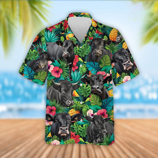 Black Angus Cattle Tropical Fruits Pattern Hawaiian Shirt, Farm Hawaiian Shirt, Farmer Hawaii