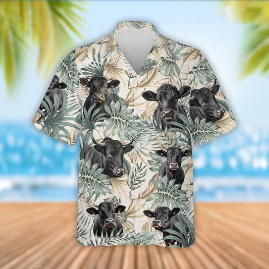 Black Angus Cattle Tropical Leaf Pattern Hawaiian Shirt, Farm Hawaiian Shirt, Farmer Hawaii