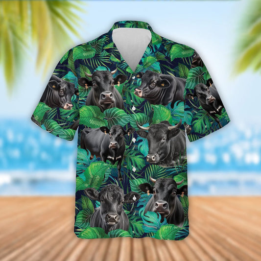 Black Angus Cattle Tropical Leaves Hawaiian Shirt, Farm Hawaiian Shirt, Farmer Hawaii