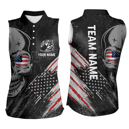 Black American Flag Retro Bowling League Polo Custom Skull Women Bowling Sleeveless Polos Shirts, Women Bowling Shirts