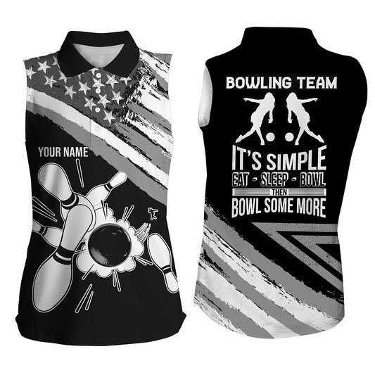 Black American Flag Retro Women's Sleeveless Polo Shirt Custom Team Bowling Outfits Eat Sleep Bowl, Women Bowling Shirts