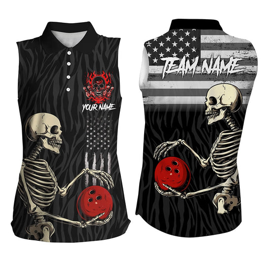 Black American Flag Skull Bowling Camo Custom Sleeveless Polo Shirts Bowling Team League Polo, Women Bowling Shirts