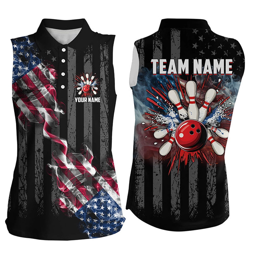Black American Flag Smoke Women Bowling Sleeveless Polo Shirts Custom Patriotic Team Bowling Polo, Women Bowling Shirts