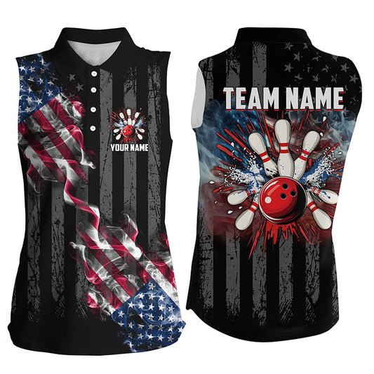 Black American Flag Smoke Women Bowling Sleeveless Polo Shirts Custom Patriotic Team Bowling Polo, Women Bowling Shirts