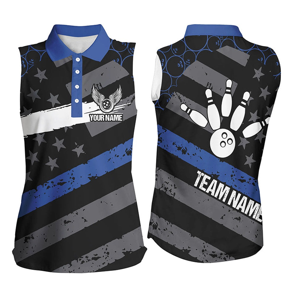 Black American Flag Women Sleeveless Polos Custom Bowling Camo Team Polo, Gift For Bowlers Blue, Women Bowling Shirts