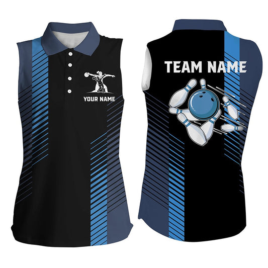 Black And Blue Bowling Shirt For Women Custom Women Sleeveless Polo Shirts, Team Bowling Polo, Women Bowling Shirts