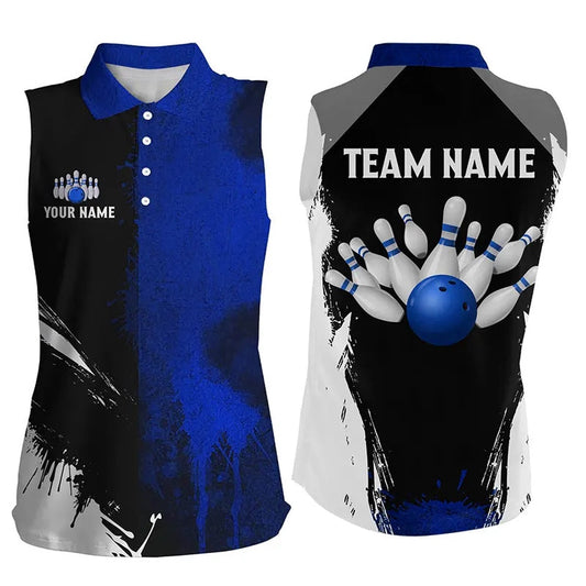 Black And Blue Bowling Sleeveless Polo For Women Custom Bowling Team Polo, Gift For Bowlers, Women Bowling Shirts