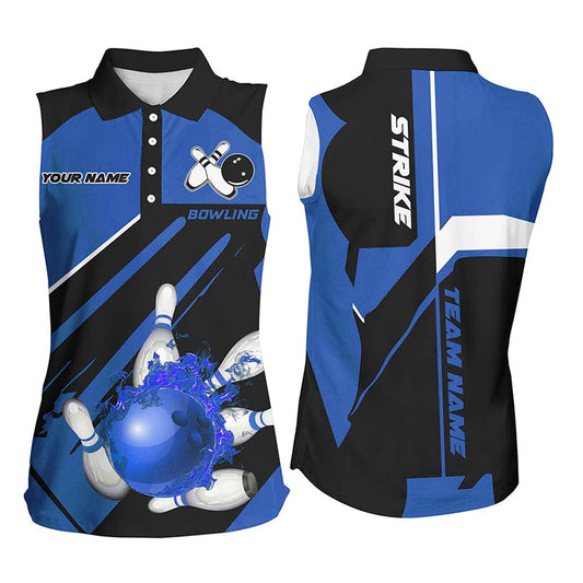 Black And Blue Bowling Sleeveless Polo Shirt For Women Custom Flame Bowling Ball Pins Uniform Shirt, Women Bowling Shirts