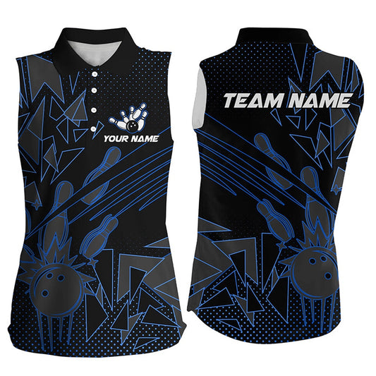 Black And Blue Bowling Sleeveless Polo Shirts For Women Custom Team Bowling Polo, Bowlers Outfit, Women Bowling Shirts