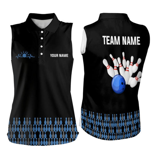Black And Blue Camo Women Sleeveless Polo Shirts Custom Team Bowling Polo, Gift For Bowlers, Women Bowling Shirts