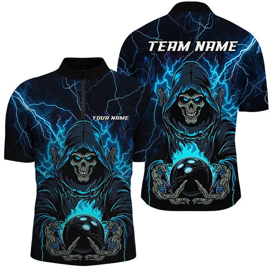 Black And Blue Lightning Custom Skull Bowling Shirts For Men, Halloween Bowling Shirts, Bowling Jersey Shirt